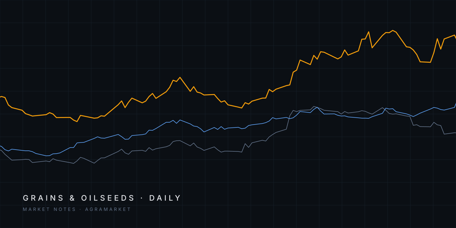 Abstract lines tracing CBOT soybean meal, Euronext corn and CBOT corn futures since June 2026.