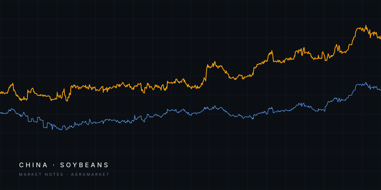 Abstract lines tracing the C&F China price of US and Brazilian soybeans since September 2024.