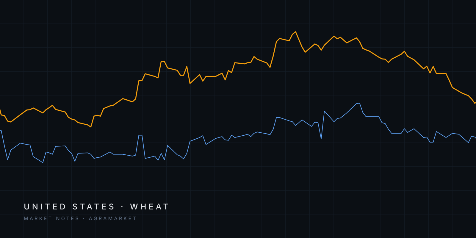 Abstract lines tracing US Gulf HRW and Australian APW wheat FOB prices since June 2026.