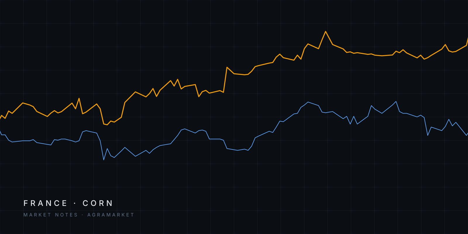 Abstract lines tracing FOB France corn and Argentine corn delivered to Europe since June 2026.