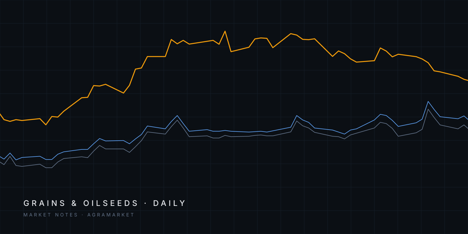 Abstract lines tracing CBOT November soybean futures and Euronext March and June corn futures since August 2026.