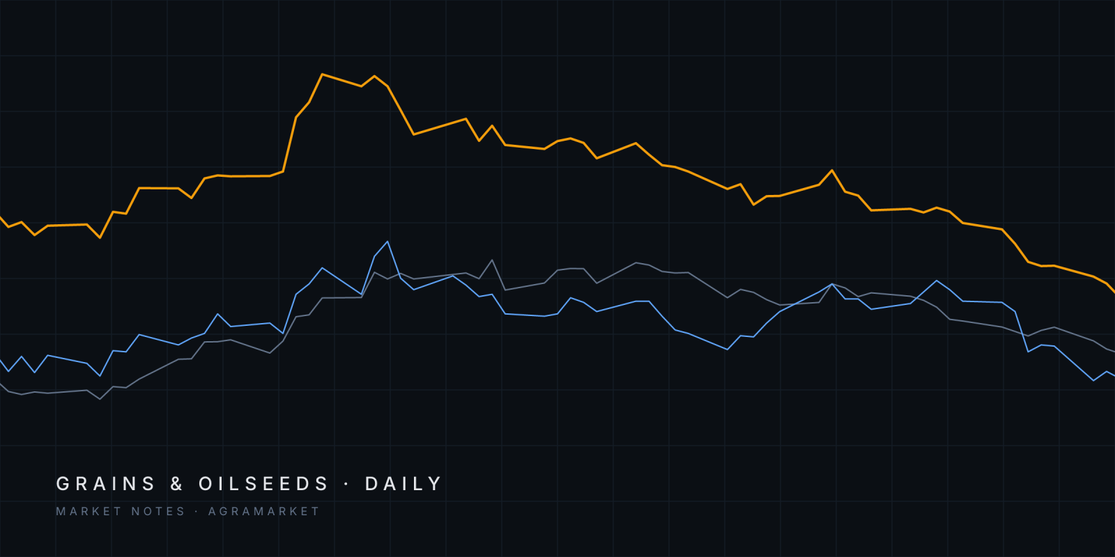 Abstract lines tracing CBOT December SRW wheat, Euronext December wheat and CBOT January soybean futures since August 2026.