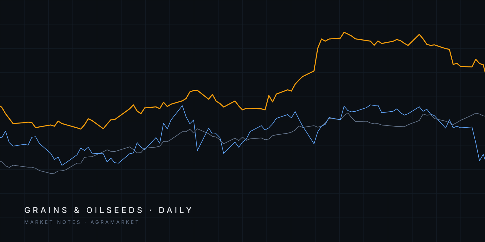 Abstract lines tracing CBOT corn, Euronext rapeseed and Euronext corn futures since June 2026.